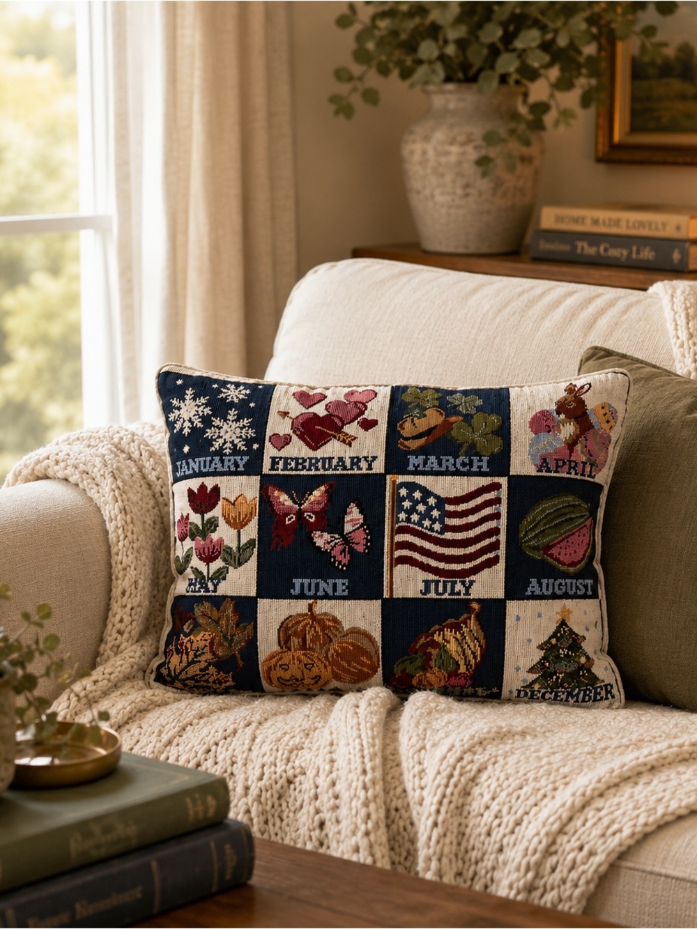 Vintage 12 Month Calendar Tapestry Throw Pillow Americana Folk Art Decor